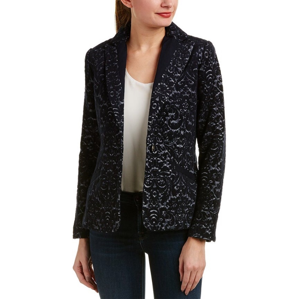 Cabi Wool-Blend Jacquard Blazer in Blue Size 6